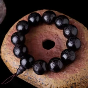 Ebony 15mm Beads Buddhist Prayer Bracelets Great Sculpture Buddha Bracelet - Picture 1 of 6