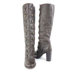 Dolce & Gabanna Brown Leather Military Button High Heel Knee Boot Shoe 7 37.5 - Picture 1 of 11