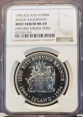 1994 ICELAND SILVER 1000 KRONUR ASGEIR ASGEIRSSON NGC MS 69 MINT ERROR TOP POP - Image 1 of 3