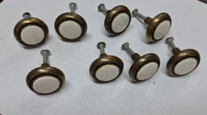 Lot Of 8 Vintage White Porcelain And Brass Drawer Cabinet Pull Knobs W/ Screws - Picture 1 of 8
