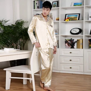 NEU Herren Pyjama Schlafanzug Seide Satin Langarm langer Hose Nachtwäsche# M024 - Picture 1 of 9