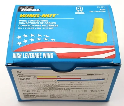 Box of 100 Ideal 30-451 Yellow Wing Nuts For 2 x #18 AWG Through 3 x #12 AWG 451 - Image 1 of 4