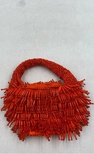 Mango Womens Orange Fringe Embellished Combined Beads Mini Tote Purse - Picture 1 of 6
