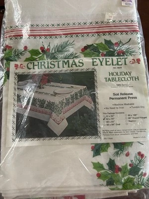 Vintage Tablecloth Christmas Cotton Holly Red Eyelet Lace New in Package 52"x70" - Image 1 of 3