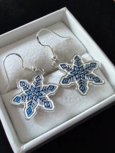 Sterling 925 Handarbeit und emailliert selbstgemachte Weihnachten Schneeflocke Ohrringe - Bild 1 von 8