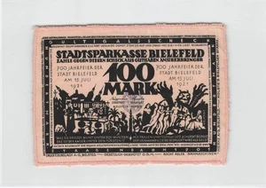 Bielefeld Stoffgeld Seide Stadtsparkasse 100 Mark 1921 rosa Naht Kfr- (G.28a) - Bild 1 von 2