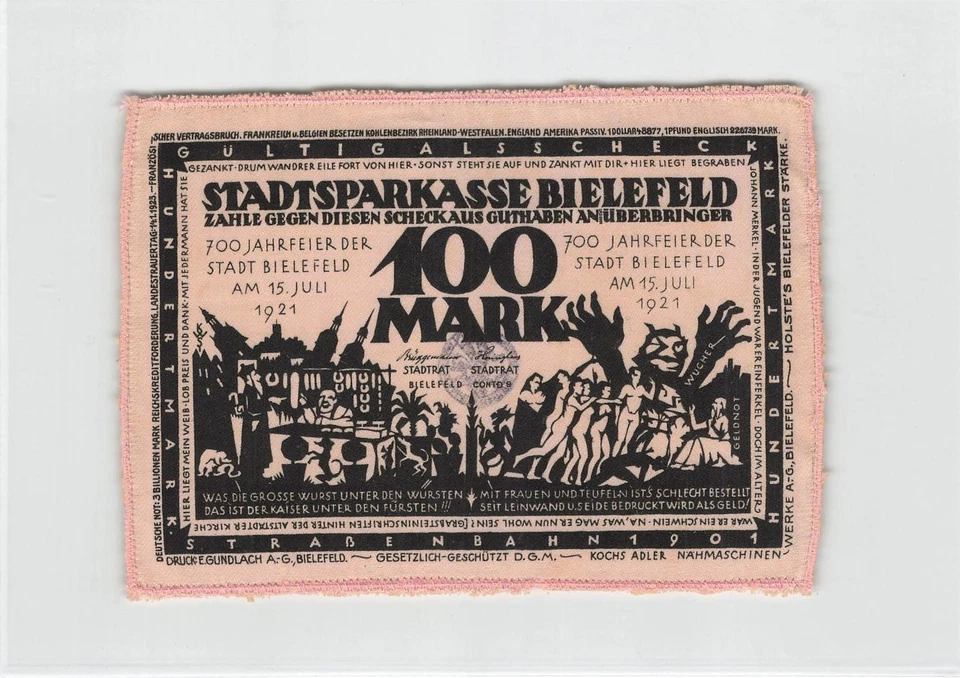 Bielefeld Stoffgeld Seide Stadtsparkasse 100 Mark 1921 rosa Naht Kfr- (G.28a) - Bild 1 von 2