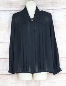 VINTAGE Claudia Richard Womens Size 8 Button Up Pleated Blouse Shirt Black - Picture 1 of 7