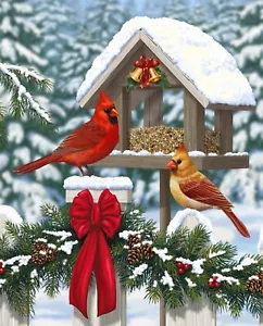 35" Fabric Panel | David Textiles Digital Christmas Feast Birdhouse Cardinal - Picture 1 of 1