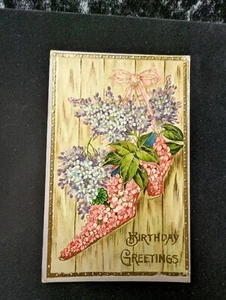 Vintage Geburtstag Postkarte Goldene Akzente Blumen Rosa Show Mehrsprachig... - Bild 1 von 4