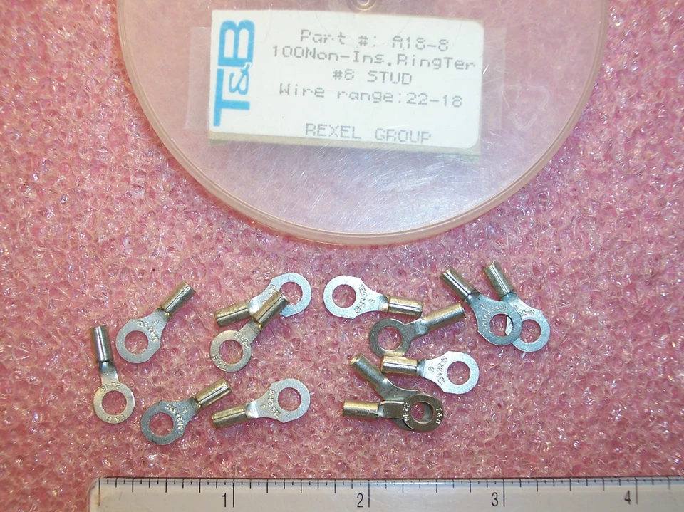 QTY (100) 22-18 AWG #8 HOLE UNINSULATED RING TONGUE TERMINALS A18-8 T&B - Image 1 of 1