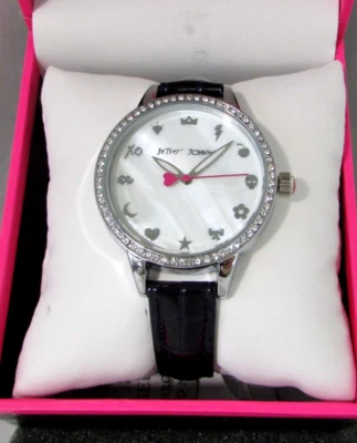 Betsey Johnson Silver Watch Rhinestone Kitsch Dial Mother of Pearl NWT Box - Image 1 of 4