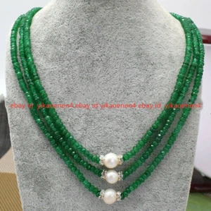 3 Rows Natural 2x4mm Faceted Green Jade & White Real Pearl Necklace 18-20'' - Picture 1 of 12