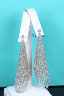 $3,100 Tiffany & Co Elsa Peretti Silver Mesh Scarf Bezel Diamond Dangle Earrings - Image 1 of 4