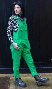 Womens Run & Fly Cord Corduroy Dungarees UNISEX lazy stretch GREEN oaf cute - Picture 1 of 9