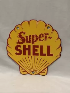Clásico Super Shell emblema porcelana esmalte 6” signo bomba placa estilo gasóleo NUEVO - Imagen 1 de 2