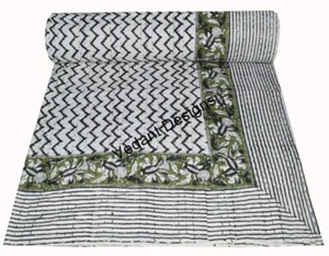 INDIAN VINTAGE QUEEN KANTHA QUILT FLORAL PRINTED COTTON JAIPUR RAZAI BEDSPREAD - Picture 1 of 4