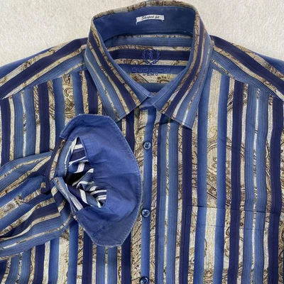 Bugatchi Uomo Shirt Mens Large Blue Gold Stripe Paisley Shaped Fit Button Down - Image 1 of 4