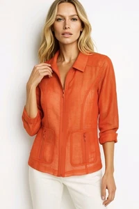 Per Se Jacke orange Seide transparent 3/4 Arm Kragen Reißverschluss Größe 6 - Bild 1 von 8