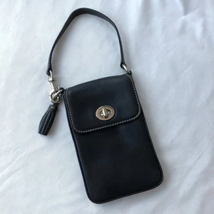 Vintage Coach Black Leather Wristlet Small Case Pouch Tassel Nickel Turn Lock - Picture 1 of 9