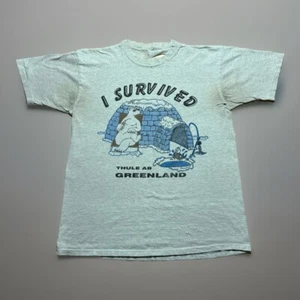 Vintage 80s I Survived Thule Ab Greenland Polar Bear Thrashed Funny Shirt - L - Picture 1 of 10