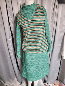 vtg 70's space dye Knit sweater dress V neck Vest Set M-L hippie boho 1970s - Picture 1 of 5