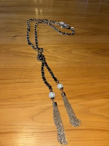 New white house black market silver chain, black Ribbon, pearl lariat necklace. - Picture 1 of 6