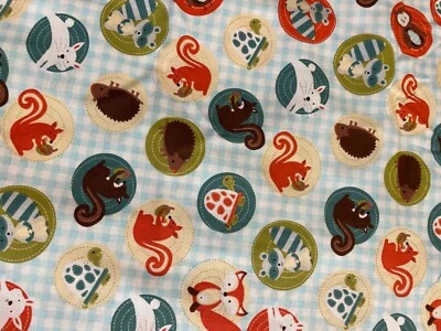 Fabric Lot 6 Yards 18 Inches 41 W Checks Aqua White Forest Animals 100% Cotton - Image 1 of 4