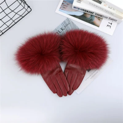 Women's Real Sheepskin Leather Gloves Fox Fur Cuffs Mittens Winter Warm Glove - Image 1 of 4