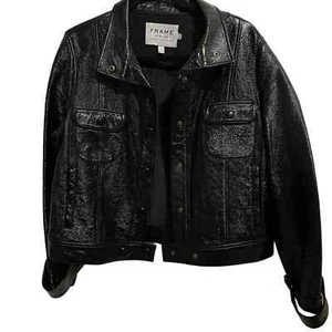 Frame Atelier Lamb Leather Snap Front Trucker Jacket Noir Black Size L - Bild 1 von 7