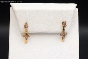 10K Gold Grape Vine Cross Dangle Earrings - Picture 1 of 6