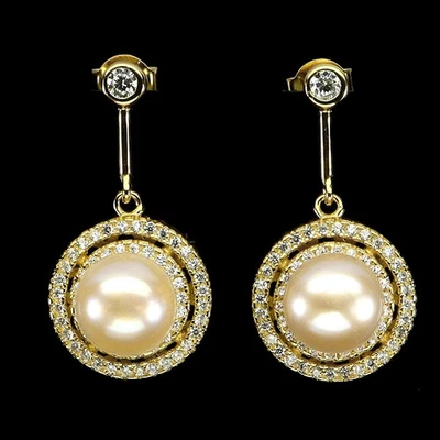 925 Sterling Silver Earrings Round Pearl 8mm Natural Gemstone Jewelry - Image 1 of 4