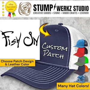 Custom Hat Trucker Baseball Cap Richardson Leather Patch Fishing FISH ON - Picture 1 of 21