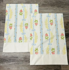 Set Of 2 Vintage 1970’s Floral Stripe Pillowcases Blue Ribbon Red Rose Cottage - Picture 1 of 7