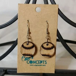 Baseball Laser Cut Wood Earrings - Picture 1 of 4