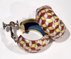 VTG CHINESE EXPORT Red, Pale Blue, Yellow CLOISONNE Enamel HOOP EARRINGS Clip - Picture 1 of 10