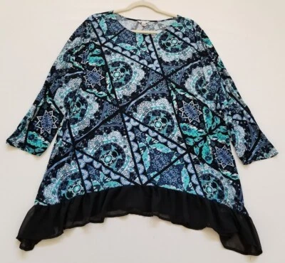 Cato Top 女式 18W 20W Plus 花卉锦缎长袖雪纺下摆衬衫弹力 — 第 1/4 张图片