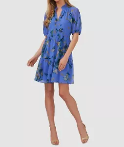CeCe Womens Blue Floral Ruffled Split Neck Short Puff Sleeve Dress Size M - Picture 1 of 2