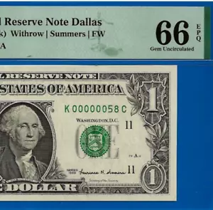 1999 $1 FRN Dallas PMG 66EPQ wanted Gem birthday low serial number 00000058 - Picture 1 of 4