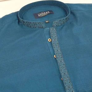 Boys Petrol Blue Kurta with Placket Embroidery - Picture 1 of 3