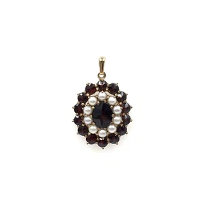 Ciondolo oro giallo 8 kt 3,3 cm granato gioiello perle donna medaglione oro 333 4,6 gr - Foto 1 di 12