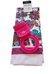 Toalla de cocina floral multicolor con soporte de anillo de toalla de ganchillo rosa - Imagen 1 de 5
