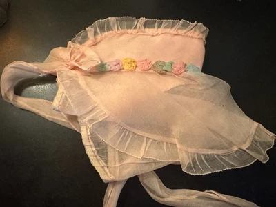 ANTIQUE VICTORIAN  Organza ? BABY BONNET Rosettes long bow sash FOR DOLL - Image 1 of 4