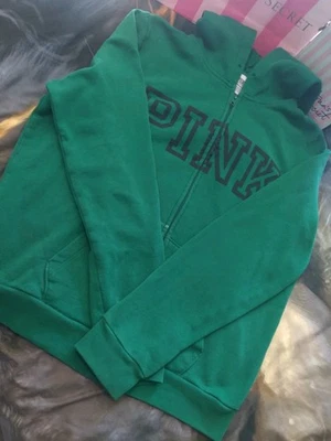 Victoria's Secret ROSA Sudadera con Capucha Grande Verde Cremallera Completa Mezcla de Algodón Logo VS ROSA  Foto 1 de 4