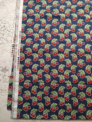 Waverly Inspirations Red Cherries Navy Blue White Polka Dots Fabric BTHY 18x44 - Image 1 of 3