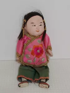 Vintage 8" Asian Chinese Paper Mache Doll Embroidered Silk Outfit China Stamp - Picture 1 of 9