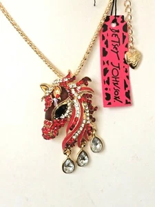 BETSEY JOHNSON RED ENAMEL CRYSTAL HORSE PIN BROOCH GOLD PLATED PENDANT NECKLACE - Picture 1 of 1