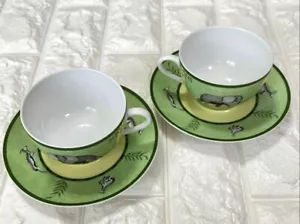 Hermes Africa Tea Cup Saucer Green Tableware 2 set Animal Coffee Cafe Auth New - Picture 1 of 7