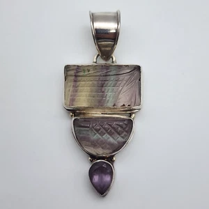 Carved Fluorite, Purple Glass - Sterling Silver 925 Tribal - Pendant - Picture 1 of 15