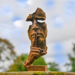 Rustic Cast Iron Abstract "Shushing"  Head Bust Garden Sculpture - Picture 1 of 5